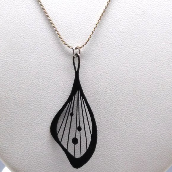Black Butterfly Wing Pendant on Silver Tone Chain Necklace, Delicate Enamel - Picture 3 of 5